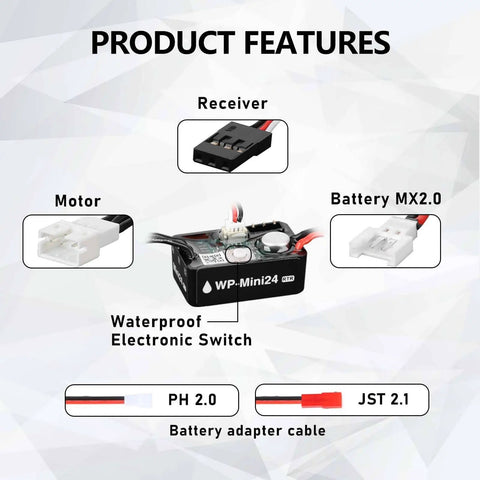 SCX24 Brushless Motor And ESC Combo With Hobbywing QUICRUN Outer1621SL showing connectors, motor, and electronic switch.