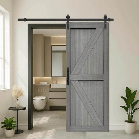32x84 Inch MDF Light Gray Barn Door With 6.6 Ft Sliding Hardware Kit, Waterproof PVC Double-Sided Slab, installed view