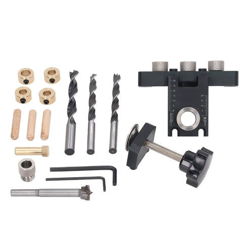 3 In 1 Doweling Jig Kit with anodized aluminum body, brass limit block, drill bits, and clamp for precise drill alignment.