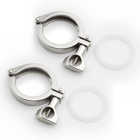 Two stainless steel 2'' tri-clamp clamps with wing nuts, includes two silicone gaskets