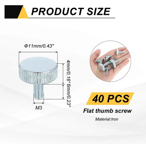 40 Pcs M3x6mm Flat Knurled Head Thumb Screws, Solid Iron, Heavy Duty, Fully Threaded Bolts Fasteners For Lighting shown with measurements