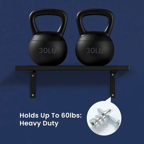 Self Drilling Drywall Anchors Kit holds up to 60lbs with kettlebells on a shelf, includes 110 pieces hollow zinc anchors and screws.