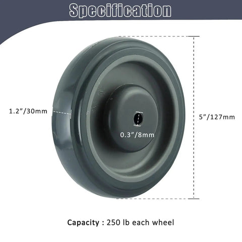 Side view of a 5 Inch Shopping Cart Replacement Wheels Kit With Polyurethane Tread Stepped And Full Tread Face Double Ball Bearing Silent TPU Caster Wheels With Screws For Supermarkets 250 Lb Capacity Per Wheel 4 Pack Grey, showing dimensions and capacity.