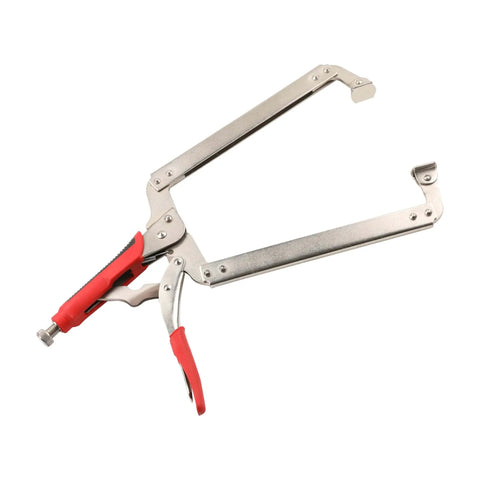 18 Inch Locking C Clamp Pliers with Swivel Pad for Welding and Woodworking, red handle, chrome finish, heavy duty pliers.