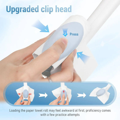 Close-up of Newly Upgraded Silicone Top Toilet Paper Clamp with Wipes Holder, showing hands pressing the silicone clip head.