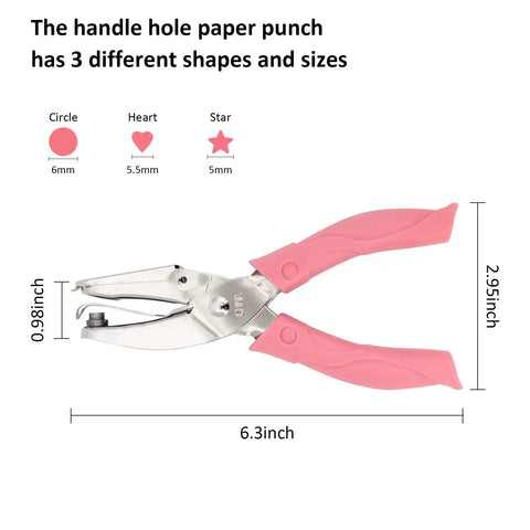 3 Piece Metal Handheld Paper Punch Set With Circle Star Heart Shapes, durable non slip grip, shown with pink handles and size dimensions