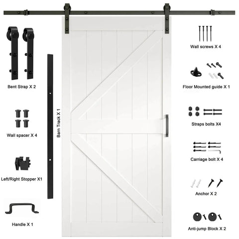 Sliding Barn Door Kit With Pre Drilled Holes And No Fuss Easy Assembly 42 By 84 Inch White MDF Slab With Waterproof Paint Finish Includes 7 Foot Sliding Hardware And Sturdy K Shaped Frame For Quick Install shown with hardware.