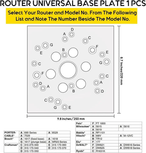 Router universal base plate with various drill hole sizes, 9.8x8.7 inches dimensions, and compatibility list for multiple router brands.