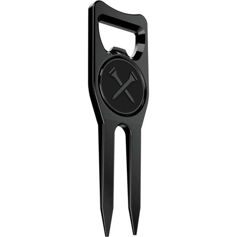 Front view of Six In One Premium Golf Divot Tool With Magnetic Ball Marker Bottle Opener Club Tee Groove Cleaner And Putting Alignment Black