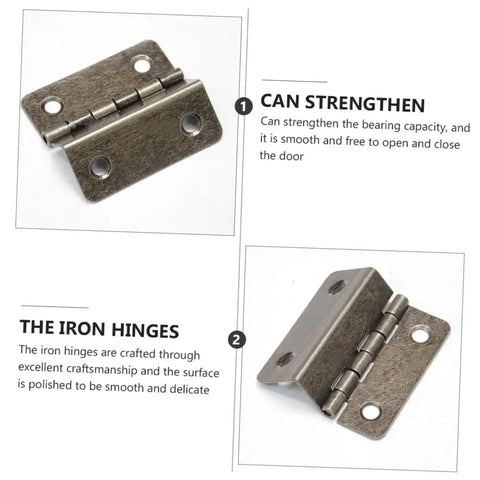 Three Fold Right Angle Hinge Set for Wooden Boxes and Cabinets, iron hinges showing front and side view, highlights smooth operation and durability
