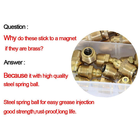 Brass grease zerk fittings assortment, 115 pcs, SAE standard, 1/4 and 1/8 in sizes, straight, 90° and 45° angled fittings.