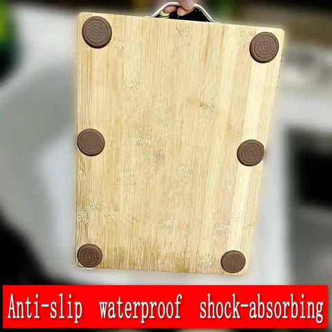 Anti Slip Cutting Board Stabilizer Pads With Self Adhesive Rubber Feet installed on a wooden chopping block.