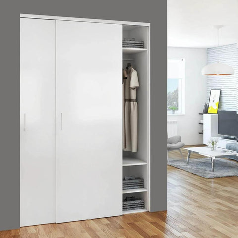 Sliding Closet Door Hardware Kit With 47 Inch Double Track For Two Bypass Doors Up To 100 Lbs Per Door Ceiling Mounted Top Hung Track Cut To Fit Five Eighths To One And A Half Inch Doors In Silver Finish installed in a modern living room.