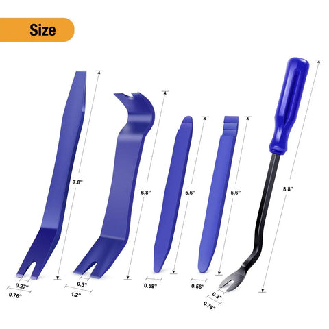5 Piece Auto Trim Removal Tool Kit for Car Door Panels and Dashboards No Scratch Nylon Pry Tools Includes 4 Door Panel Removers and 1 Fastener Remover by GOOACC laid out with size dimensions.