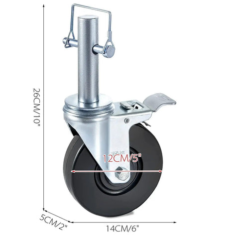 Close-up of a 4 Pack 5 Inch Scaffolding Wheels With 1 Inch Solid Stem Rubber Caster Wheels Dual Locking Heavy Duty Casters 330 Lbs Capacity