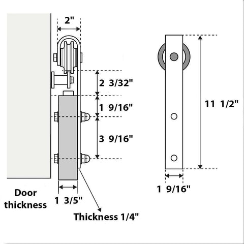 Technical drawing of a hardware kit for 32x84 inch interior sliding barn door with frosted glass, solid wood construction, black modern style.