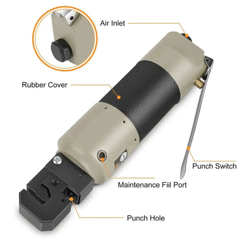 Heavy Duty Pneumatic Sheet Metal Punch Tool Kit With US Connector, close-up of straight type air puncher showing key components.
