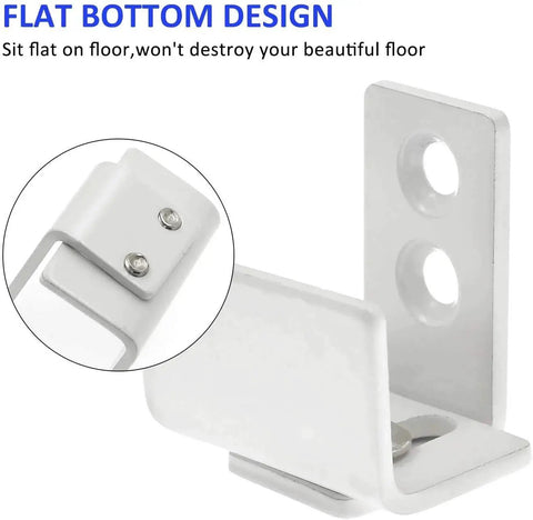 Adjustable Wall Mounted Barn Door Guide for grooved and non-grooved doors, flat bottom design in white metal, includes floor guide and screws.