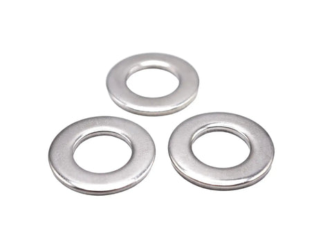 Three flat washers from the 412 Piece Flat Washer Set In 304 Stainless Steel M4 To M12 For Screws And Bolts Includes Beefy Heavy Duty Fender Washers