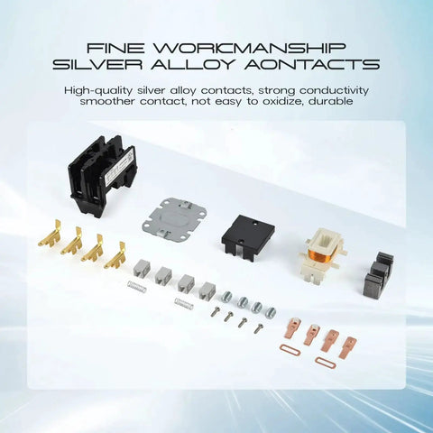 Components of 2 Pole 30 Amp 240V HVAC Contactor for Condensers, Compressors, and Heat Pumps, heavy-duty with silver alloy contacts.
