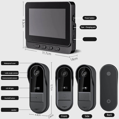 Waterproof Wireless Video Doorbell With 4.3 Inch HD Monitor, Smart Doorbell Camera with wide-angle lens, night vision, side view