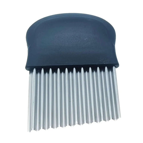 Front view of Crinkle Cutter Stainless Steel Wavy Slicer with Black Handle for no fuss veggie and potato cuts, durable kitchen gadget.