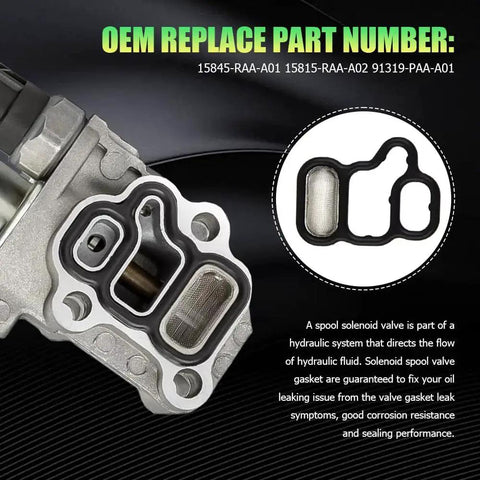 VVT VTEC Solenoid Gasket Kit With Valve Cover Gasket Set And Spool Valve Filter Screen, Engine Seal Replacement For Honda Civic Accord CR-V, showing close-up of gasket and filter screen.