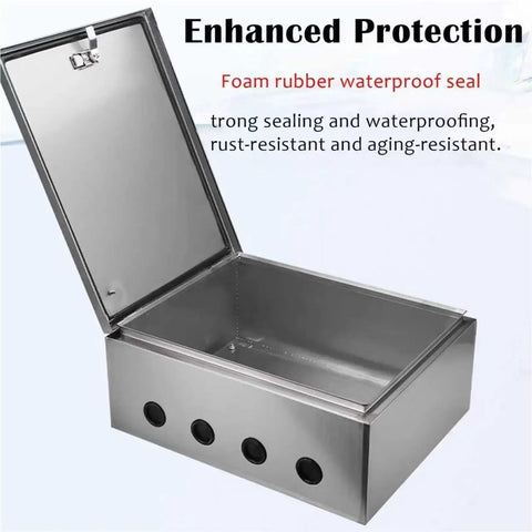 Open view of a Rugged And Weatherproof Outdoor Electrical Enclosure Box With Stainless Steel Shell For Wall Mount Junction Chest And Electric Control Panels, Built To Last Outdoor Electrical Box Measures 12x16x8 Inches And 1.2 Millimeter Thick.