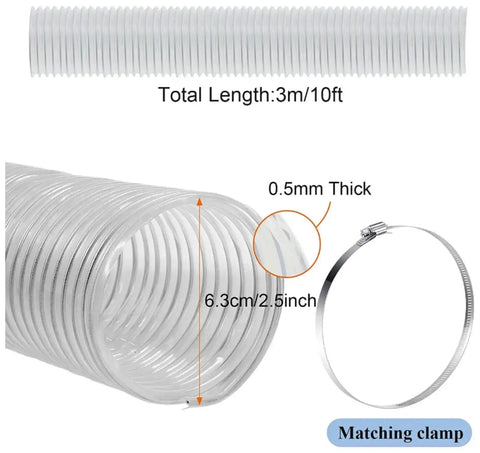 Heavy Duty Dust Collection Hose 2.5 Inch By 10 Ft Flexible Clear PVC Fume Hose With Stainless Steel Wire Coil And Clamp displayed