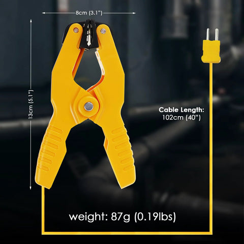 Yellow temperature clamp with K-type thermocouple probe, pipe clip, 102 cm lead