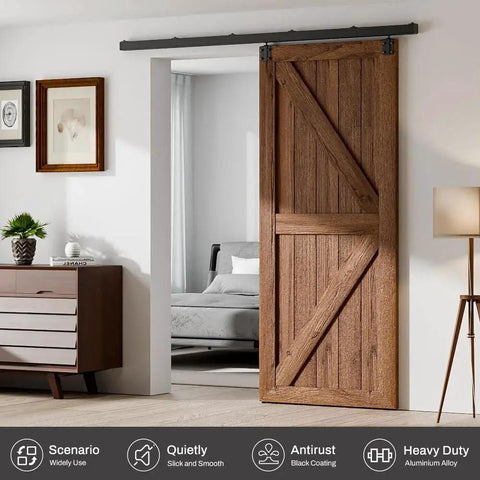 Image showing a wooden door on an 8 Ft Box Rail Sliding Barn Door Track Kit, Heavy Duty Aluminum Alloy Wall Mount For Single Door, Smooth Quiet Operation, Easy To Install, Fits Doors Up To 48 Inches Wide, 1 To 1.81 Inches Thick, Supports Up To 330 Lbs, Door Not Included