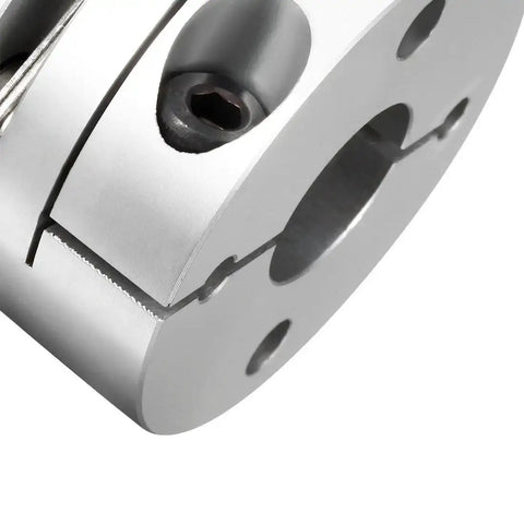 Close-up of a Beefy 12.7mm To 12mm Bore Flexible Diaphragm Motor Shaft Coupling Joint with Clamp Mount, aluminum hubs and stainless discs