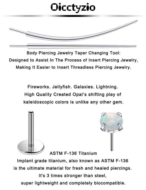 Taper insertion tools for Titanium F136 Medical Grade 20G Threadless Flat Back Opal Stud Earrings Set, 6mm bar and 3mm gem
