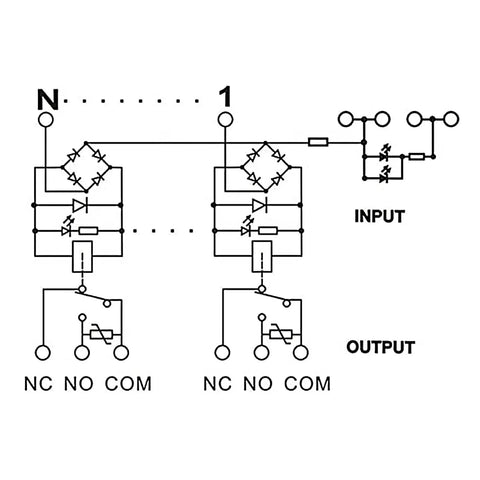 Wiring diagram for 8 Channel SPDT DIN Rail Mount Relay Module 24V DC And AC Plug And Play Interface Board for industrial automation.