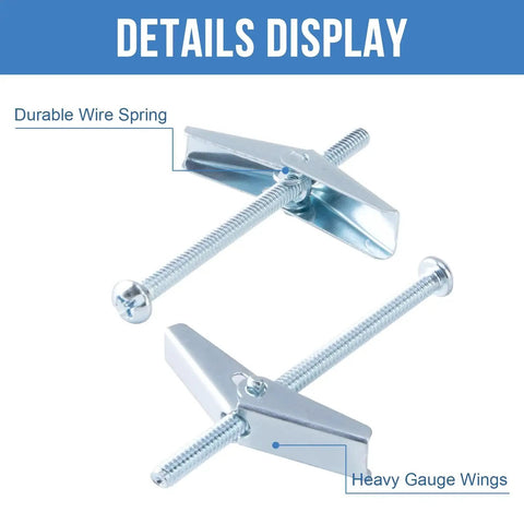 Three Eighths Inch Toggle Bolts Set Of Twelve Heavy Duty Drywall Anchors For Hollow Walls And Ceilings Metal Butterfly Anchors In Zinc Plated Carbon Steel Rust Resistant Easy To Install And Durable, showing details display of durable wire spring and heavy gauge wings.