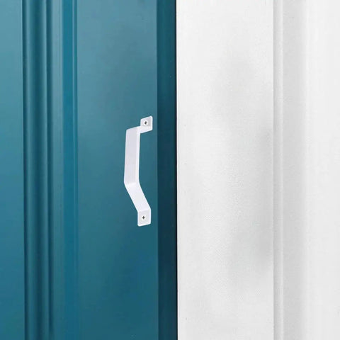 2 Pack Sliding Barn Door Handles In White, 6.1 Inch Long Aluminum Alloy Gate Handles For Garage Doors mounted on blue door