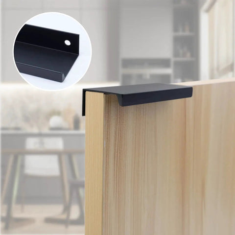 Side view of installed 1.38 Inch Black Finger Edge Pulls For Cabinets 10 Pack Aluminum Alloy Back Mount Concealed Handles.
