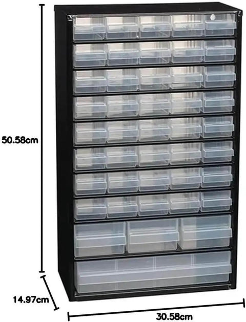 Heavy Duty Steel 44 Drawer Storage Cabinet With Clear Plastic Drawers For Small Parts Organizer Nuts Bolts Screws Tools And Hardware Wall Or Workbench Mounted Durable Cabinet For Shop. Front view.