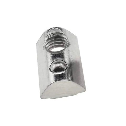 Close-up of M8 Roll In T Slot Nuts for 4040 aluminum extrusion, nickel plated carbon steel with spring ball, ideal for 3D printers and CNC builds.