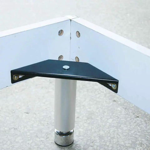 Built Tough Corner Brace Set 2 Pack Heavy Duty Bed Frame Brackets installed, black trapezoid flange angles, metal gusset plates