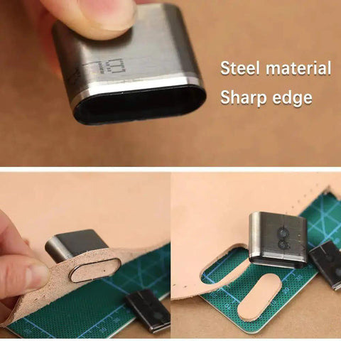 52 Shape Style Leather Hole Punch Tool Set With 52 Shapes in use on leather material, showing sharp edge and steel material for precise crafting