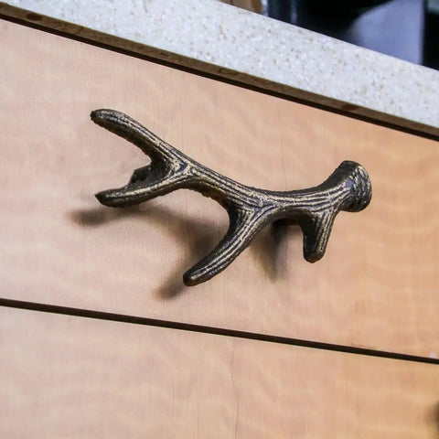 Antique Bronze Finish Cast Iron Deer Antler Drawer Pulls Set Of Six For Cabinets, rustic style hardware on wooden drawer