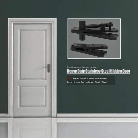Beefy Heavy Duty Stainless Steel Hidden Door Pivot Hinge System for Wooden Doors 360 Degree Rotation Invisible Door Hinges Set Black Finish 1 Pack Rugged Construction Premium Furniture Hardware displayed next to a white door.