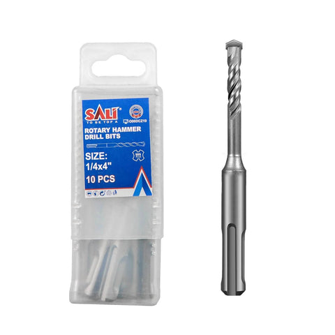One Quarter Inch By Four Inch Rotary Hammer Drill Bits Set, 10 Piece, Concrete Masonry Bits With Tungsten Carbide Tips And Carbon Steel Body