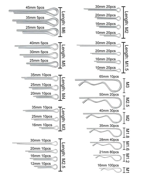 600 Pcs Cotter Pins Assortment Kit With 31 Sizes In Premium 304 Stainless Steel Small Hitch Pin Clips shown with size labels