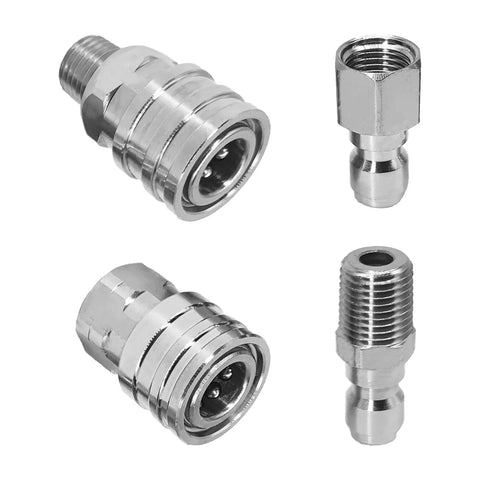 1/4 Inch Quick Connect Pressure Washer Fittings Set In Stainless Steel With Female And Male NPT Adapters on white background