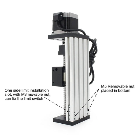Side view of HBX1605 300mm Linear Motion Guide Actuator With Double Linear Rail Slide 1605 Ballscrew And Nema23 Stepper Motor.