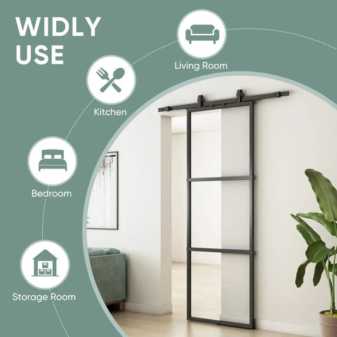 Clear Tempered Glass Barn Door 36 Inch By 84 Inch With Carbon Steel Frame Pre Drilled Panel Sliding Door Kit in a living space.