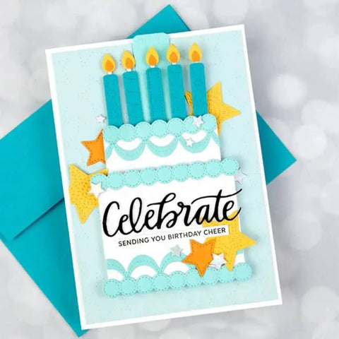 Birthday card with cake and candles design made using Happy Birthday Balloons Metal Die-Cuts For Scrapbookers And Card Makers, DIYers.