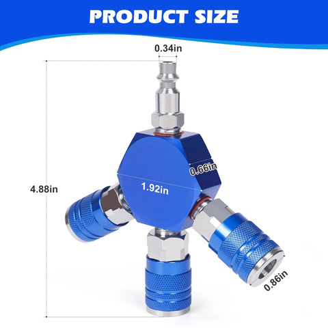Blue Milosline 3-way air manifold with 1/4 in NPT ports and three quick-connect fittings